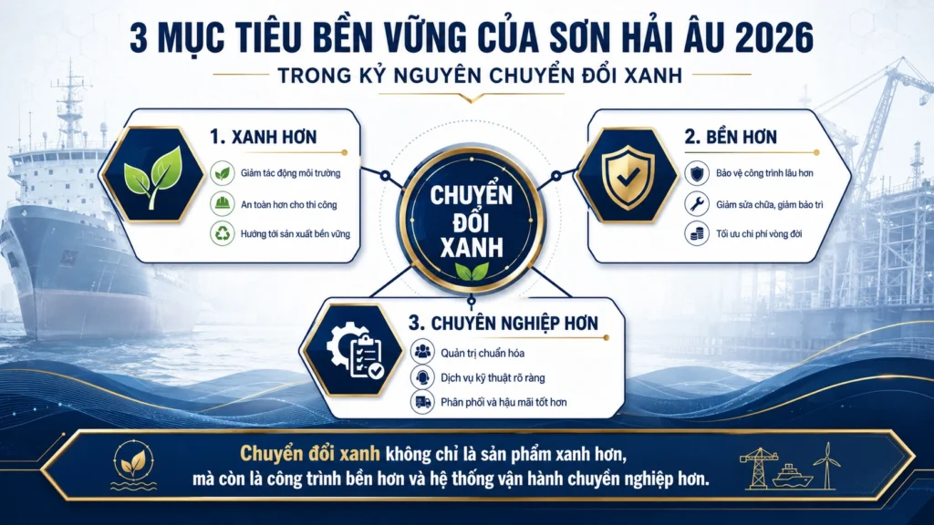 Infographic 3 mục tiêu bền vững của Sơn Hải Âu 2026 trong kỷ nguyên chuyển đổi xanh gồm xanh hơn, bền hơn và chuyên nghiệp hơn