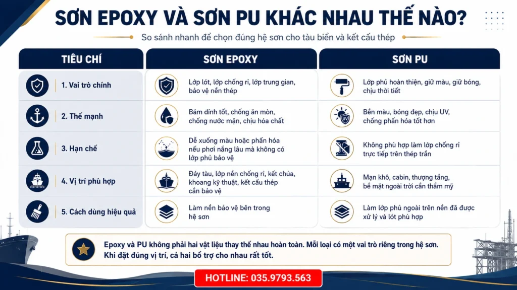 Bảng so sánh sơn epoxy và sơn PU về vai trò, thế mạnh, hạn chế, vị trí phù hợp và cách dùng hiệu quả trong hệ sơn tàu biển