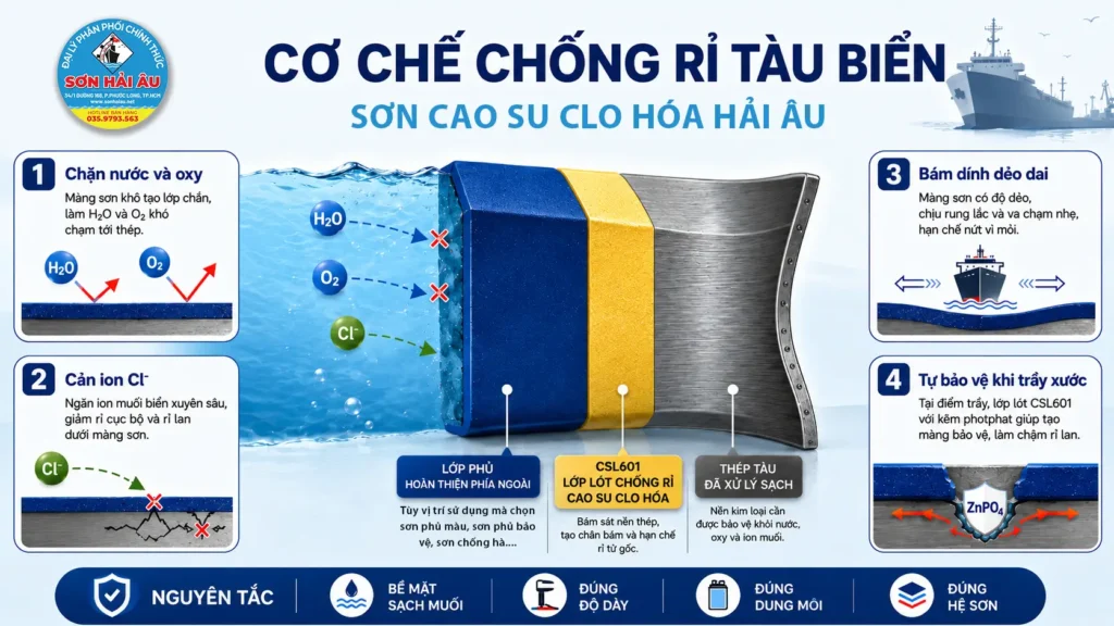 cơ chế chống rỉ tàu biển của hệ sơn cao su clo hóa Hải Âu với lớp phủ hoàn thiện, lớp lót CSL601 và bề mặt thép tàu