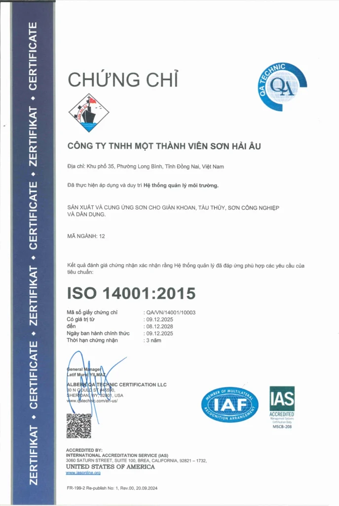Chứng nhận ISO 14001:2015 của Sơn Hải Âu về hệ thống quản lý môi trường trong sản xuất sơn