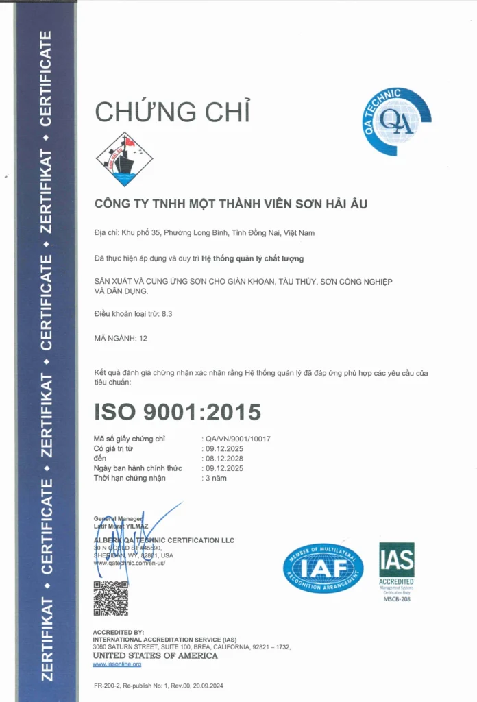 Chứng nhận ISO 9001:2015 của Sơn Hải Âu về hệ thống quản lý chất lượng trong sản xuất sơn công nghiệp và sơn hàng hải