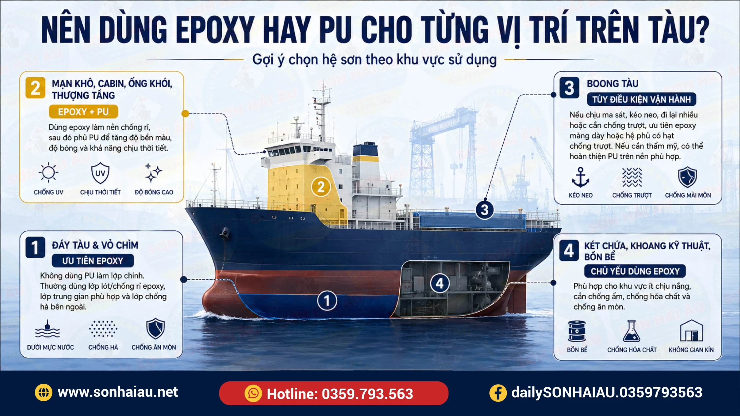 Infographic hướng dẫn nên dùng sơn epoxy hay sơn PU cho từng vị trí trên tàu biển như đáy tàu, mạn khô, boong tàu, két chứa và khoang kỹ thuật