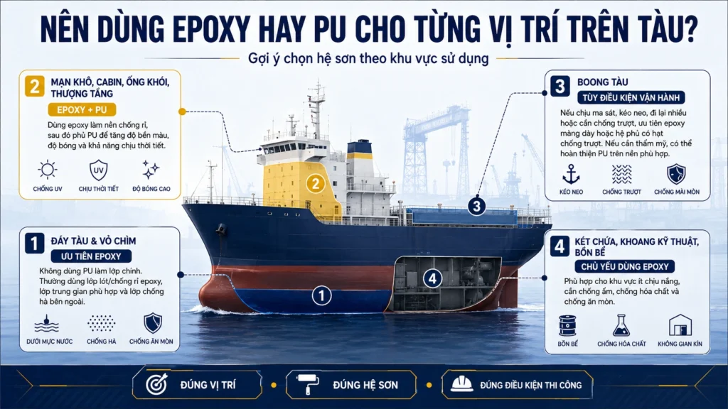 Infographic hướng dẫn nên dùng sơn epoxy hay sơn PU cho từng vị trí trên tàu biển như đáy tàu, mạn khô, boong tàu, két chứa và khoang kỹ thuật