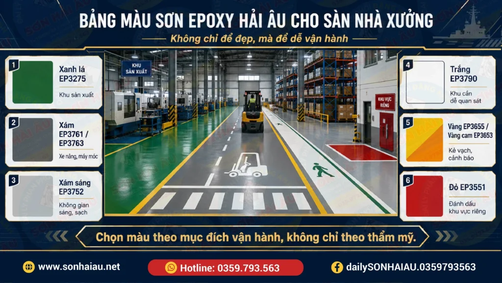 Bảng màu sơn Epoxy Hải Âu cho sàn nhà xưởng với các mã EP3275, EP3761, EP3763, EP3752, EP3790, EP3655, EP3653 và EP3551