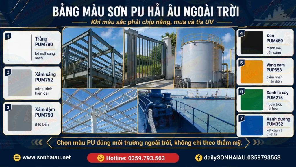 Bảng màu sơn PU Hải Âu ngoài trời với các mã PUM790, PUM752, PUM750, PUM450, PUP653, PUM275 và PUM352