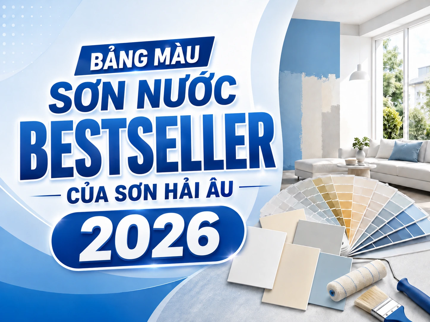 Bảng màu sơn nước bestseller Sơn Hải Âu 2026 với quạt màu và không gian nhà ở