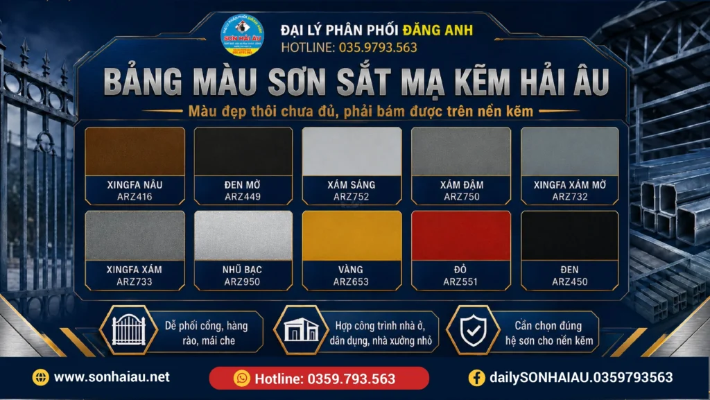 Bảng màu sơn sắt mạ kẽm Hải Âu với các mã ARZ416, ARZ449, ARZ752, ARZ750, ARZ732, ARZ733, ARZ950, ARZ653, ARZ551 và ARZ450