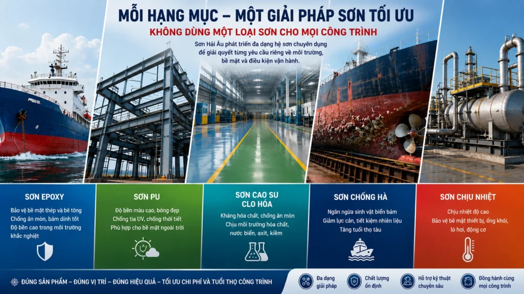 Các nhóm sơn Hải Âu gồm sơn epoxy, PU, cao su clo hóa, sơn chống hà và sơn chịu nhiệt cho từng hạng mục công trình