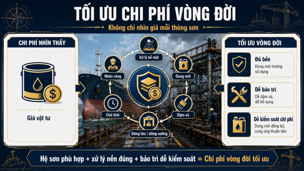 Infographic tối ưu chi phí vòng đời khi chọn hệ sơn Hải Âu cho tàu biển và kết cấu thép