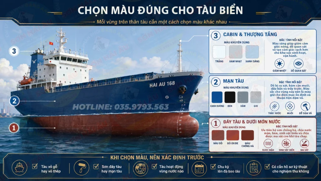 Hướng dẫn chọn màu sơn Hải Âu cho tàu biển theo từng vùng thân tàu gồm đáy tàu, mạn tàu, cabin và thượng tầng