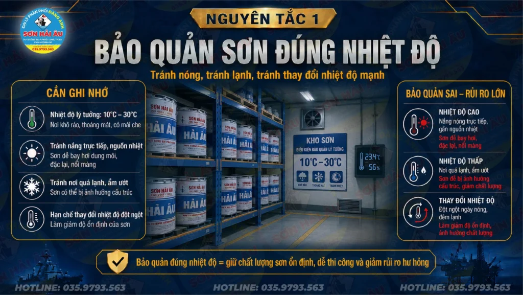 Nguyên tắc 1 bảo quản sơn đúng nhiệt độ, tránh nóng, tránh lạnh và tránh thay đổi nhiệt độ mạnh để giữ chất lượng sơn ổn định