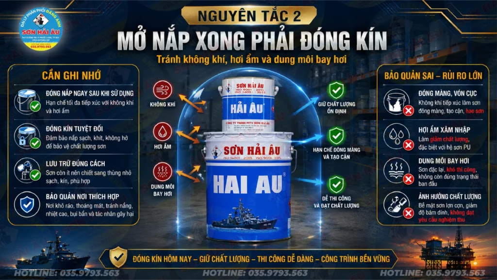 Nguyên tắc 2 bảo quản sơn là đóng kín nắp sau khi sử dụng để tránh không khí, hơi ẩm và dung môi bay hơi