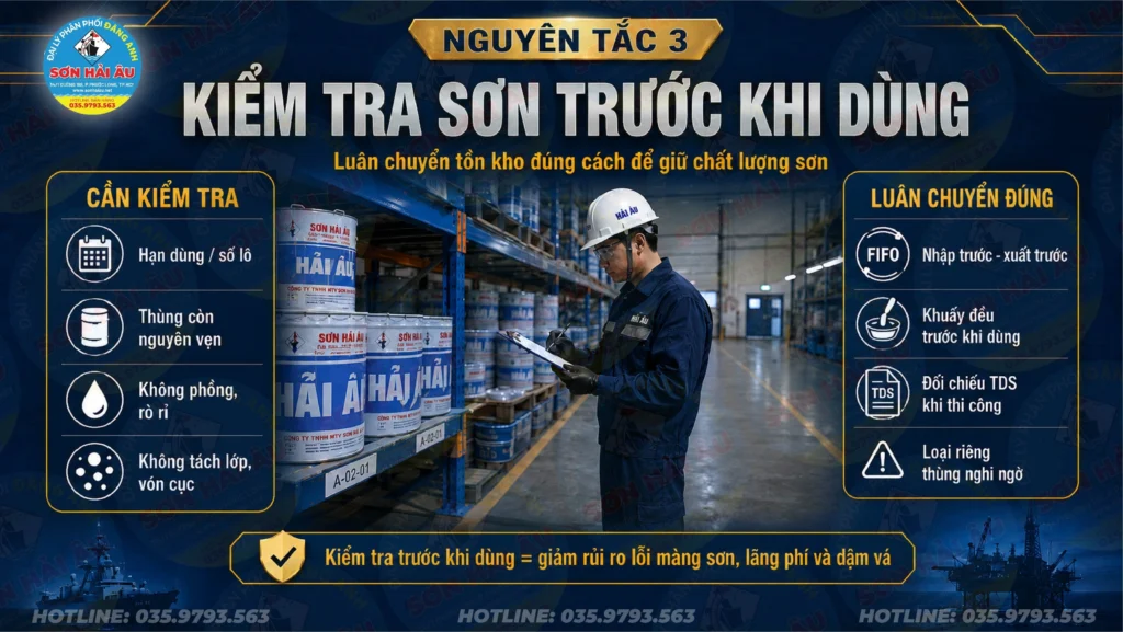 Nguyên tắc 3 kiểm tra sơn trước khi dùng, gồm hạn dùng, số lô, tình trạng thùng, lắng đáy, vón cục và đối chiếu TDS