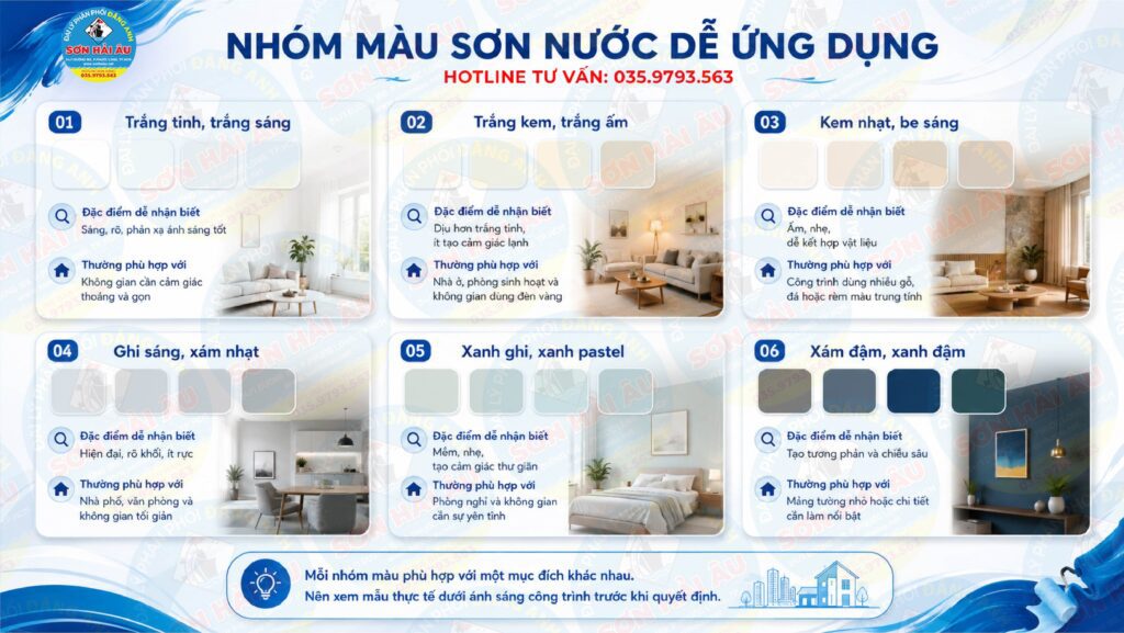Các nhóm màu sơn nước dễ ứng dụng gồm trắng, kem, be, ghi, pastel và màu đậm