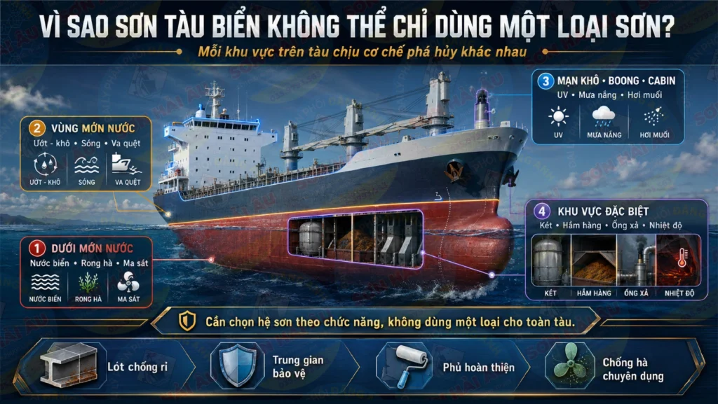 Minh họa các khu vực trên tàu cần hệ sơn khác nhau gồm phần dưới mớn nước, vùng mớn nước, mạn khô, boong, cabin và khu vực đặc biệt
