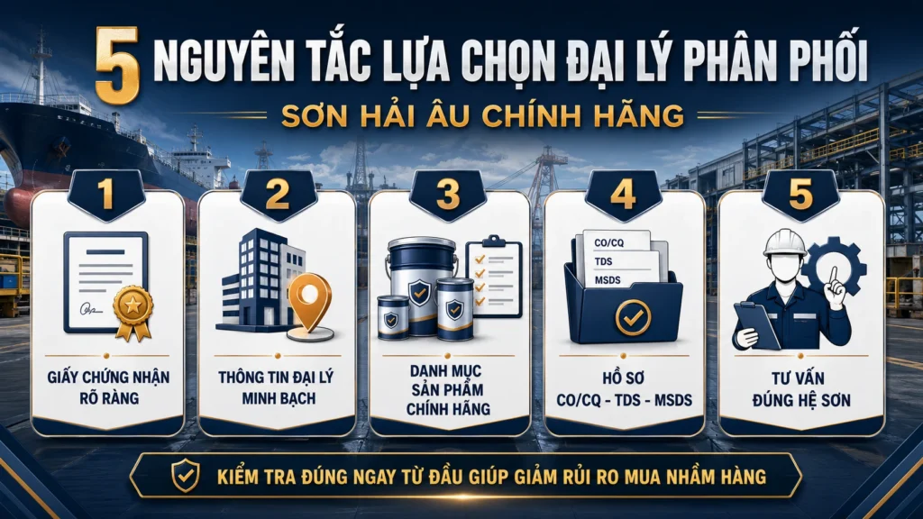 5 nguyên tắc lựa chọn đại lý Sơn Hải Âu chính hãng gồm giấy chứng nhận, thông tin đại lý, danh mục sản phẩm, hồ sơ CO/CQ TDS MSDS và tư vấn đúng hệ sơn