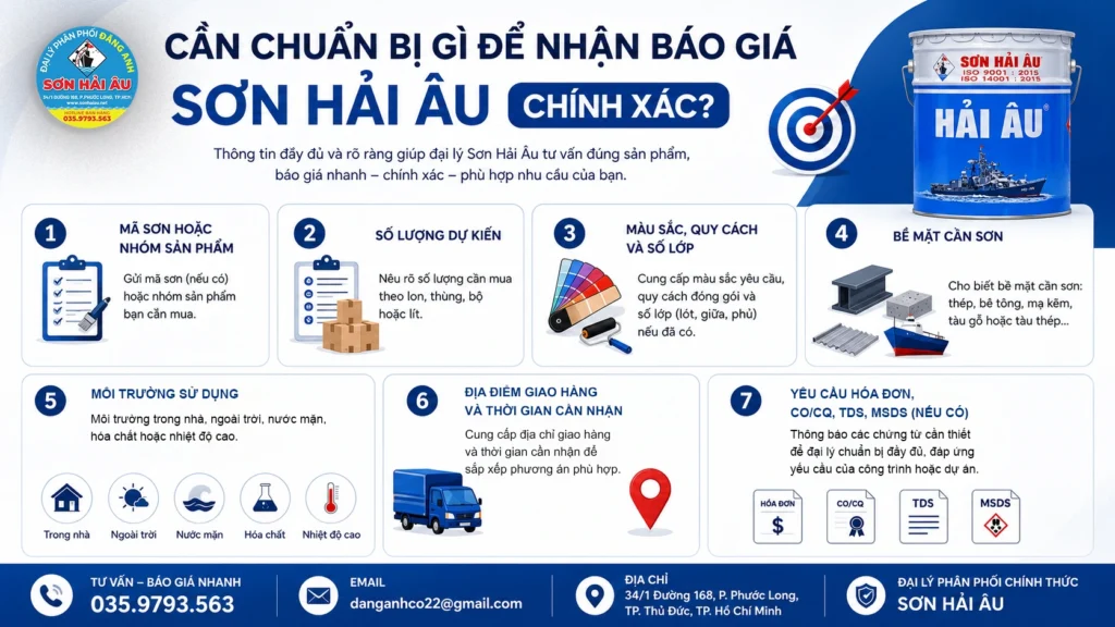 Cần chuẩn bị mã sơn, số lượng, màu sắc, bề mặt, môi trường sử dụng, địa điểm giao hàng và hồ sơ để nhận báo giá từ đại lý Sơn Hải Âu chính xác